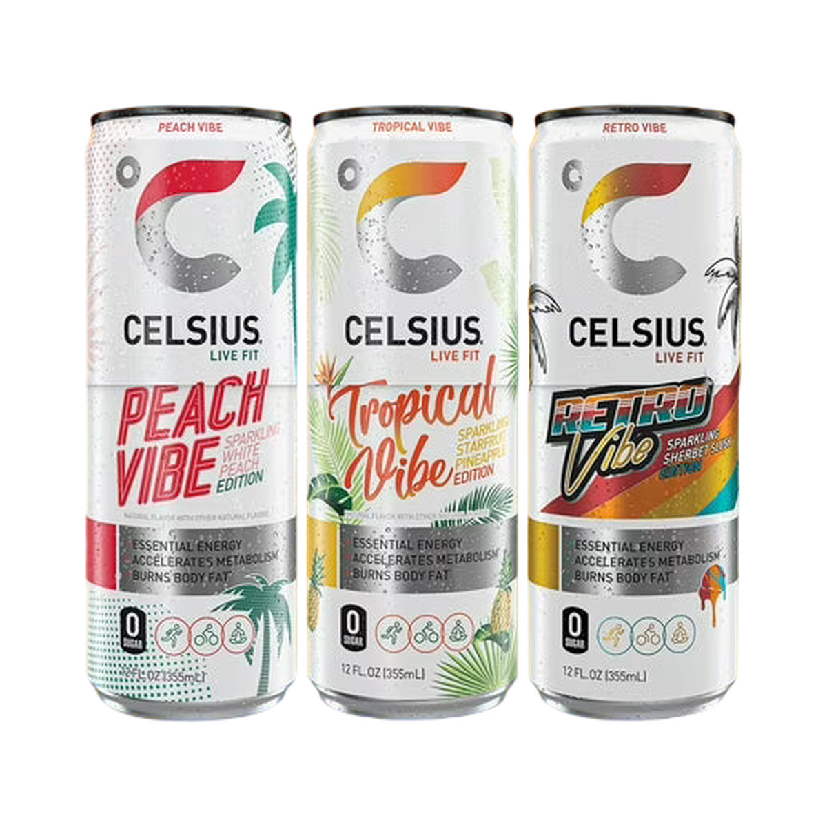 CELSIUS Variety Pack - Peach Vibe, Tropical Vibe, Retro Vibe